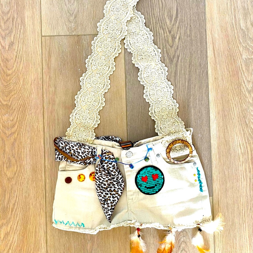 Denim,RawEdge bags handmade by Salina. Fun and funky. Khaki denim crossbody .